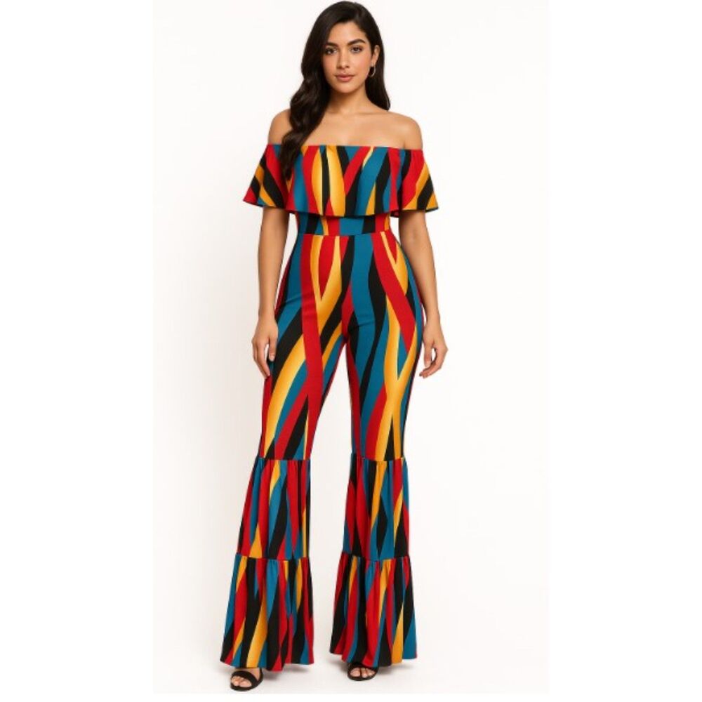 Win Win Jumpsuit Off Shoulder Ruffled Retro Striped Bell Bottom Pants NWOT Sz L